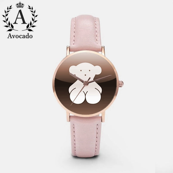 New Cartoon Love Bears Women Quartz Watch Kids Child Watches Rose Gold Reloj Mujer Pink Leather Avocado