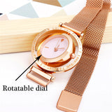 Luxury Women Watch Rose Gold Mesh Magnetic Buckle Personality Creative Wrist Watch Rotating Dial Ladies Business Casual Clock