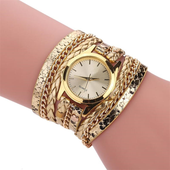 MINHIN Brand Quartz Watches Women Gold Geneva Bracelet Wristwatch Ladies Dress Woven Leopard Multi Layers Leather Strap Watch