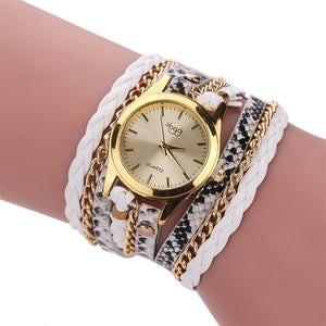 MINHIN Brand Quartz Watches Women Gold Geneva Bracelet Wristwatch Ladies Dress Woven Leopard Multi Layers Leather Strap Watch