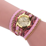 MINHIN Brand Quartz Watches Women Gold Geneva Bracelet Wristwatch Ladies Dress Woven Leopard Multi Layers Leather Strap Watch