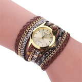 MINHIN Brand Quartz Watches Women Gold Geneva Bracelet Wristwatch Ladies Dress Woven Leopard Multi Layers Leather Strap Watch