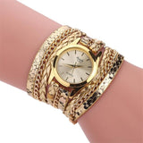 MINHIN Brand Quartz Watches Women Gold Geneva Bracelet Wristwatch Ladies Dress Woven Leopard Multi Layers Leather Strap Watch