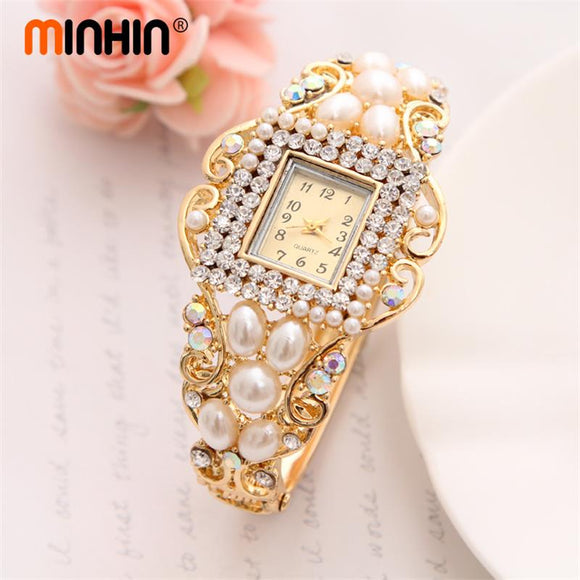 MINHIN Wholesale Lady Noble Bangle Watch Crystal Geneva Quartz Watches Women Wristwatch Imitation Pearl Wrist Dress Quartz Watch