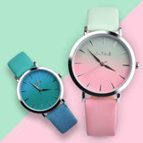 Classy Classic Round Ladies Women Crystals Watch Retro Rainbow Design Leather Band Analog Alloy Quartz Wrist Watch High Quality